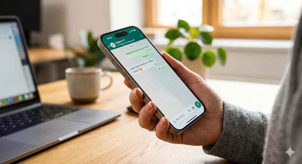 Person hält Handy in der Hand. Der ist der WhatsApp Chat zu sehen.