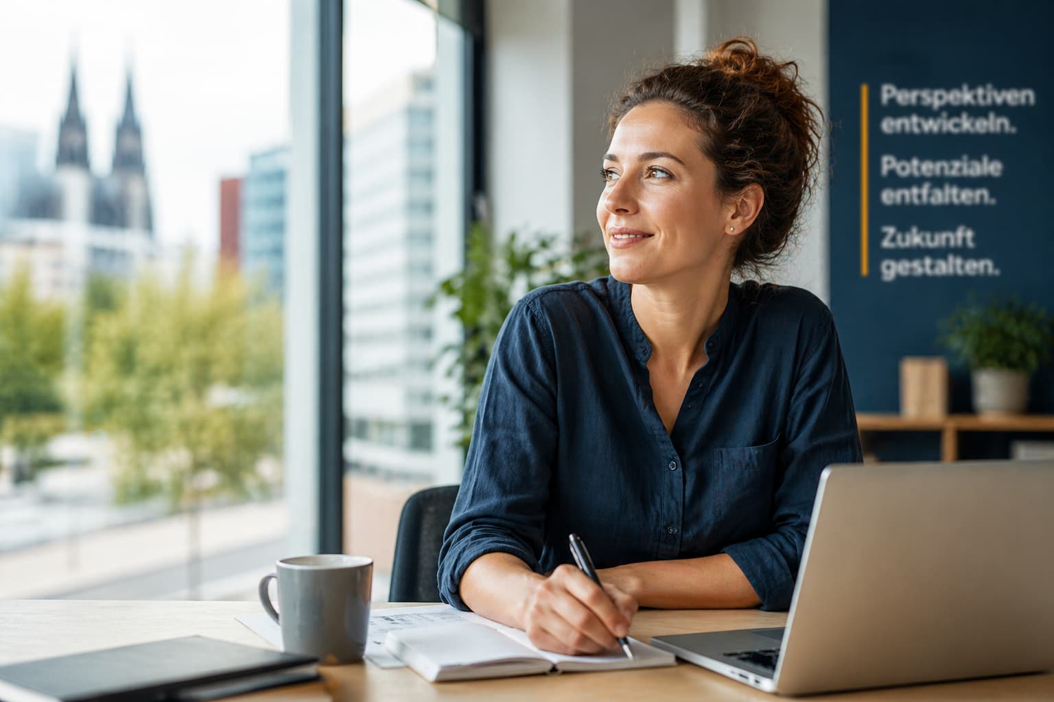 Frau arbeitet konzentriert am Laptop und macht Notizen im modernen Büro