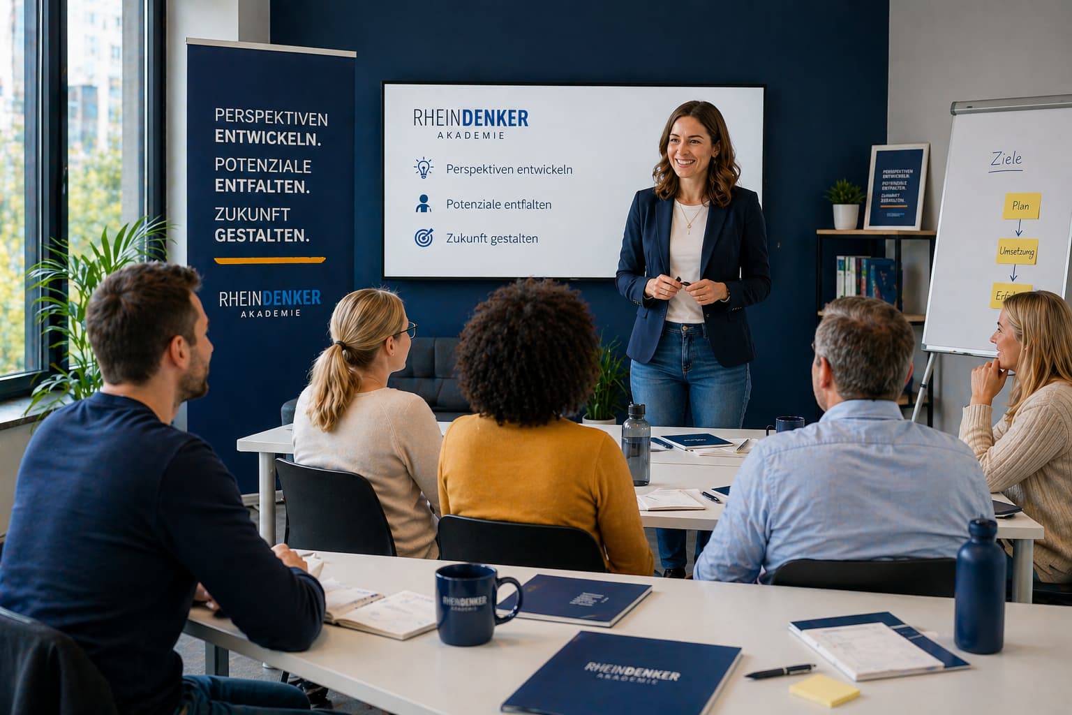 Über uns – Rheindenker Akademie Trainerin der Rheindenker Akademie im Austausch mit Teilnehmern während eines Workshops